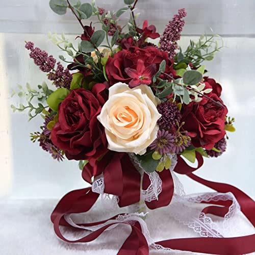 Ciandid Wedding Bridal Bouquet, Burgundy Peonies & Champagne Roses with Lace Ribbons Tossing Bouquet for Bride French Rustic Artificial Bouquet for Fall Wedding Ceremony Anniversary Bunch Decorations