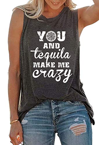 GREFLYING Summer Sleeveless Tank Tops for Women You and Tequila Make Me Crazy Tees Cute Letter Print Vest Drinks T Shirt Tank (X-Large, Grey)