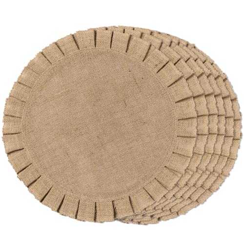 FunWheat Burlap Round Braided Placemats Set of 6 for Dining Tables 15 Inch Heat Resistant Jute Table Mats Farmhouse Woven Natural Fabric Rustic Place mats for Decoration (Ruffle Lace)