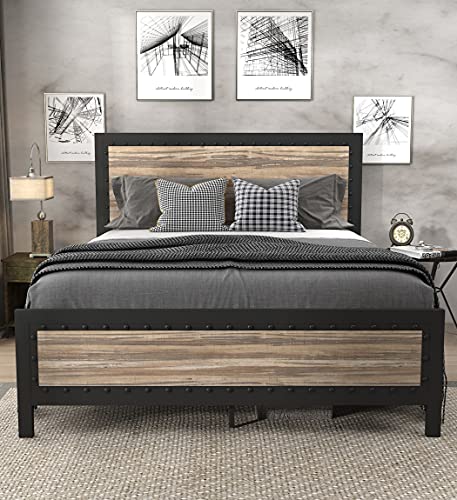 SHA CERLIN Heavy Duty Full Size Bed Frame/ Metal Platform Bed with Rivet Wooden Headboard Footboard/ 13 Strong Steel Slats Support/ No Box Spring Needed/ Mattress Foundation/ Easy Assembly