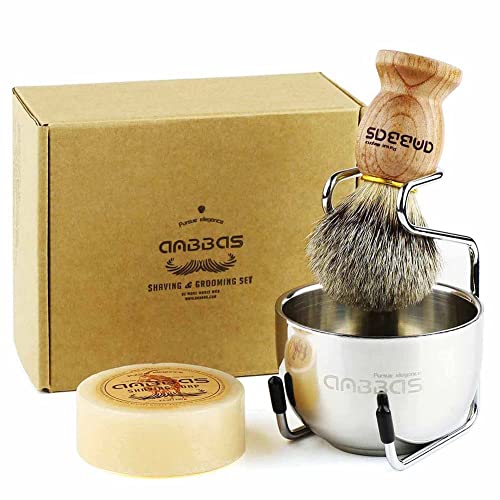 Shaving Brush Set, 4pcs Anbbas Pure Badger Hair Brush Solid Wood Handle with Goat Milk Shaving Soap 100g,Stainless Steel Shaving Stand and 2 Layers Shaving Bowl Kit Perfect for Men Gift