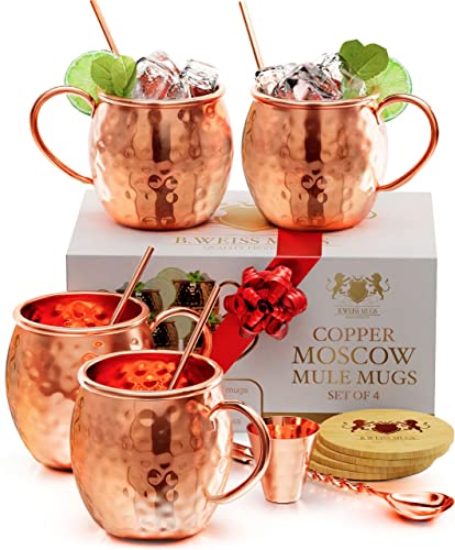 [-GIFT SET-] Moscow Mule Copper Mugs Set Of 4 Pure Copper 100% Copper Cups 16 Oz + | SHOT GLASS| STRAWS| COASTERS| SPOON |HANDCRAFTED-Premium Quality