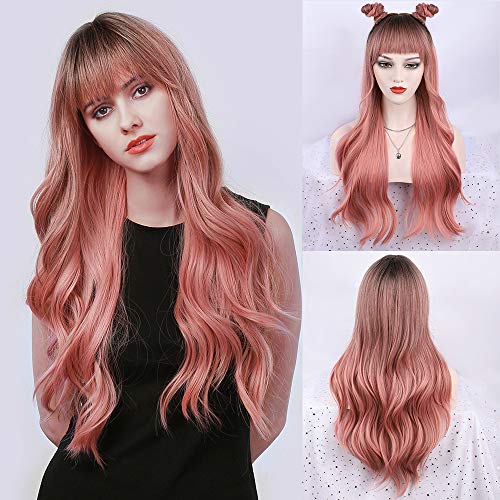 FORCUTEU Pink Wig with Bangs Long Pink Wavy Wigs for Women Long Pink Wavy Wig Pink Ombre Heat Resistant Wigs for Daily Party(Ombre Pink 26inch)