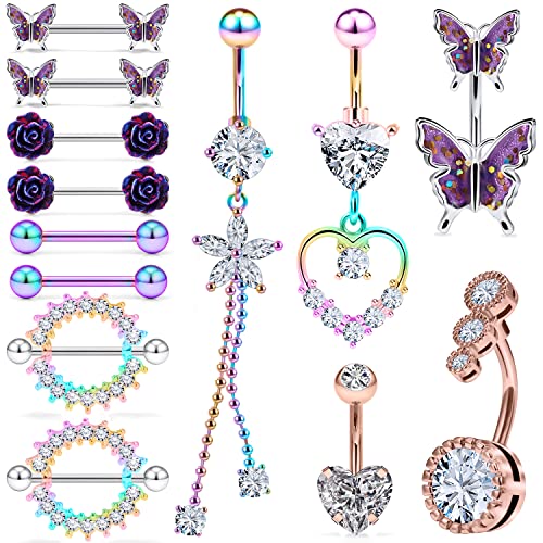 Pexveiuu Nipple Rings Belly Button Rings for Women 14G purple Butterfly Heart Flower Stainless Surgical Steel Nipplerings Nipple Barbells Bar Dangle Belly Navel Ring Piercing Jewelry Women 14mm 10mm