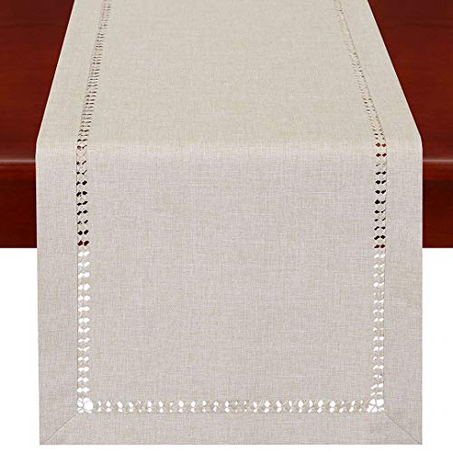 Grelucgo Handmade Hemstitched Polyester Rectangle Table Runners Dresser Scarves, Beige 14x36 inch