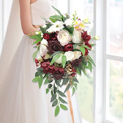 HiiARug Wedding Bouquets for Bride Rose Cascading Bouquets for Bride White & Burgundy Red Rose Bridal Bouquets for Wedding Ceremony Anniversary Bridal Shower