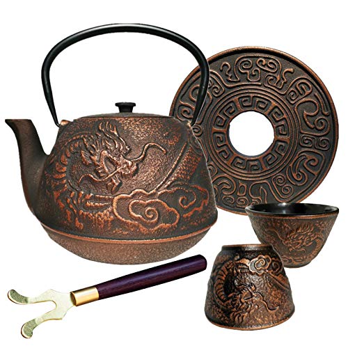 40 oz Japanese Cast Iron Teapot Maker Cup Set Tea Kettle Tetsubin with Infuser and Trivet, Dragon Fly