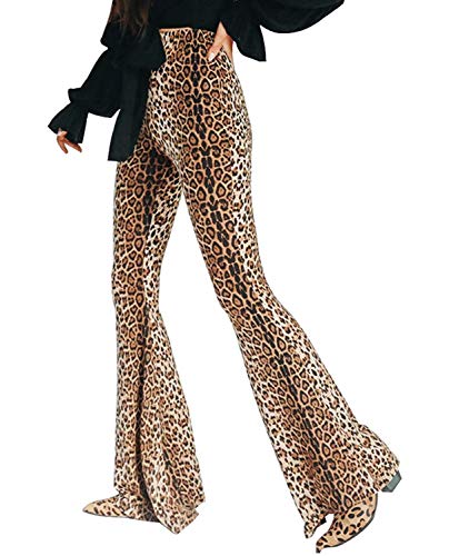 Aventy Women Leopard Snakeskin Print High Waist Flare Pants Lady Floor-Length Bell Bottom Casual Wide Leg Palazzo Trousers (Leopard, Large)