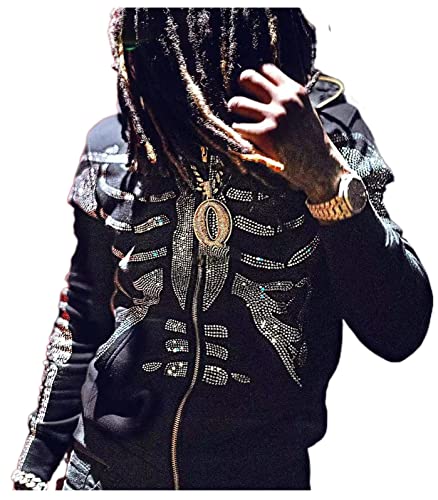 Rhinestone Y2k Full Zip Up Hoodie over Face Rib-Cage Skull Skeleton Jacket Oversized Hip Hop Streetwear Hoodies for Men Women