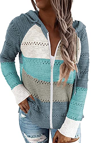 FANGJIN teen girl business autumn cute fashion hooded cardigan jacket kawaii fall plus size clothes for women trendy juniors aesthetic tops fitted sweaters for women Blue zip up coat M