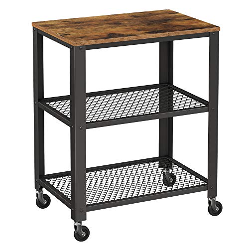 VASAGLE Serving Cart, 3-Tier Bar Cart on Wheels with Storage and Steel Frame, Rustic Brown ULRC78X