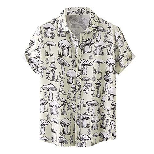 Male Summer Casual Mushroom Printed Shirt Short Sleeve Turn Down Collar Shirt Men Shirts Compression (Black, M)