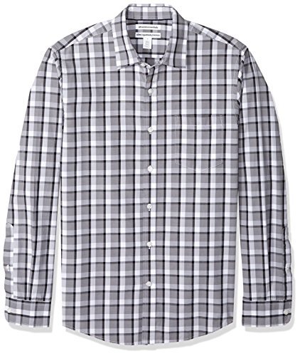 Amazon Essentials Men's Slim-Fit Long-Sleeve Poplin Shirt, Grey/Black, Plaid, Large