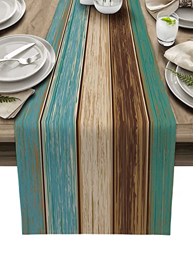 Farmhouse Table Runners 72 Inches Long,Rustic Teal Table Runner Turquoise Blue Green Brown Wood Striped Cotton Linens Burlap Dresser Scarves Table Decor for Kitchen Dining Room Coffee Table