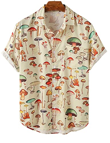 PAODIKUAI Men's Printed Shirt Button Down Short Sleeve Cute Mushroom Hawaiian Shirt (Mushroom Yellow, Medium)