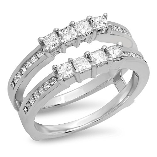 Dazzlingrock Collection 0.90 Carat (ctw) 14K Princess White Diamond Ladies Wedding Guard Double Ring, White Gold, Size 7