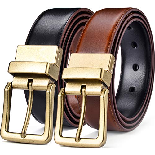 Beltox Men's Belts Reversible Leather 1.25â Wide 1 for 2 Rotate Buckle Gift Box (Antique Gold Buckle with Black/LT Brown Belt, 32-34)