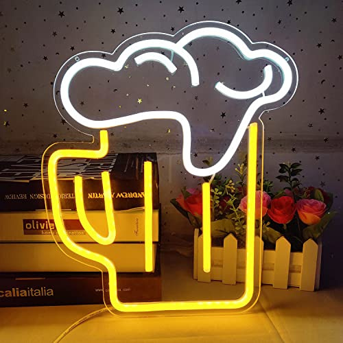 Beer Shaped Neon Sign Yellow White Neon Light Sign LED Neon Signs for Wall Decor Beer Neon Signs for Man Cave Bedroom Bar Nightclub Store Gaming Zone Holiday Party Decoration 13''x 11.2''