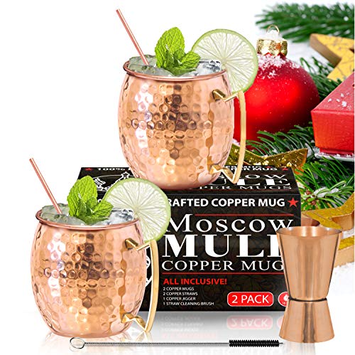 Moscow Mule Copper Mugs - Set of 2 - 100% HANDCRAFTED - Food Safe Pure Solid Copper Mugs - 16 oz Gift Set with BONUS - Premium Quality Cocktail Copper Straws, Straw Cleaning Brush and Jigger!