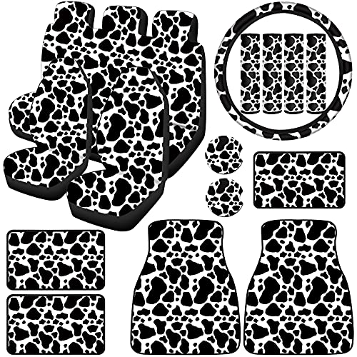 Cow Print Car Accessories Set for Women Man Cow Car Steering Wheel Cover Cow Print Seat Cover Seat Belt Pads Car Floor Mats Car Cup Holders Car Armrest Pad for Women Men Cars