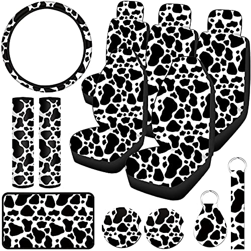 Cow Print Car Seat Covers Full Set for Women Men Cow Print Car Accessories Set Rubber Steering Wheel Cover Car Armrest Pad Cover Seat Belt Pads Wrist Holder Keychain (Rubber)