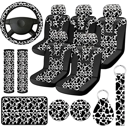 17 Pieces Cow Print Car Accessories Set, Includes Cow Seat Covers Set Steering Wheel Cover Car Cup Holders Armrest Pad Cover Seat Belt Pads Keychain and Wrist Strap for Car Decoration