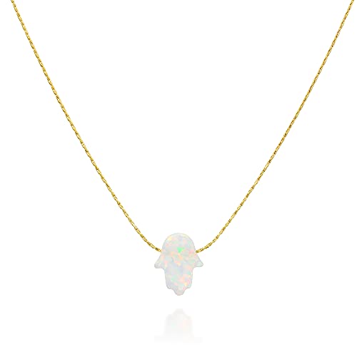 Delicate 14K Gold Filled Opal Hamsa Choker Necklace - Designer Handmade Minimalist Collar With Small White Hand - 13.5 inch + 3 inch extending chain