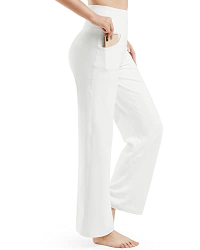 Promover Yoga Pants for Women Wide Leg Non See Through Lounge Dress Pants with Pockets High Waist Bootleg Stretch Pants (White, XXL)