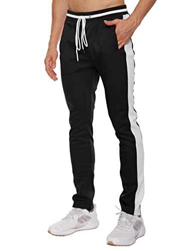 Forcord Mens Joggers Slim Fit Track Pants Side Stripe with Pockets for Workout Gym Running Trainingï¼Black/White, S