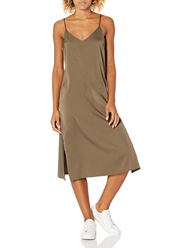 The Drop Women's Ana Silky V-Neck Midi Slip Dress, Dark Olive, S