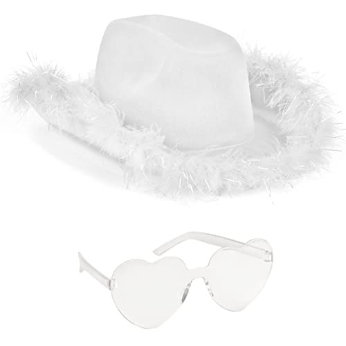 Funcredible White Cowgirl Hat with Heart Glasses - White Cowboy Hat with Fur Rim - Halloween Cow Girl Costume Accessories - Fun Rodeo Party Hats and Goggles for Women, Girls and Kids