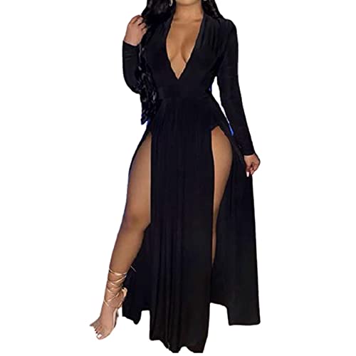 Sexy Women Long Sleeve Plunge V Neck Thigh Side High Split Maxi Bodycon Black Dress Prom Cocktail Dresses Black XL