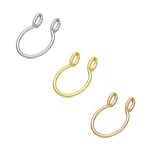 Fake Septum Nose Ring Fake Nose Rings 20g Hoop Nose Ring Gold Rose Gold Silver 8mm Non Pierced Clip Nose Ring Faux Body Piercing Jewelry for Women Men 3 Pcs