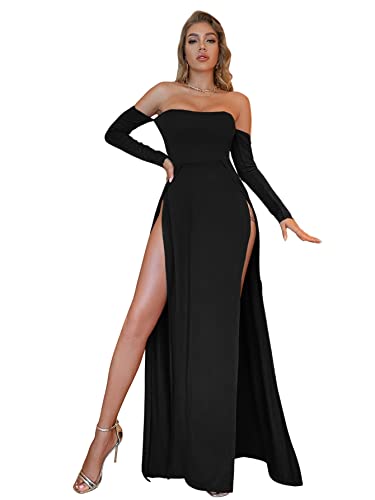 SheIn Women's Split Thigh Off Shoulder Maxi Dress Side Slit Long Sleeve Flowy Long Dresses Large Black