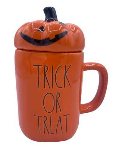 Rae Dunn TRICK OR TREAT Mug with PUMPKIN Topper - Halloween Coffee cup - ORANGE - Ceramic - 16 oz