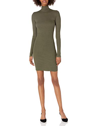 Enza Costa Women's Stretch Silk Rib Long Sleeve Turtleneck Mini Dress, Olive drab, M