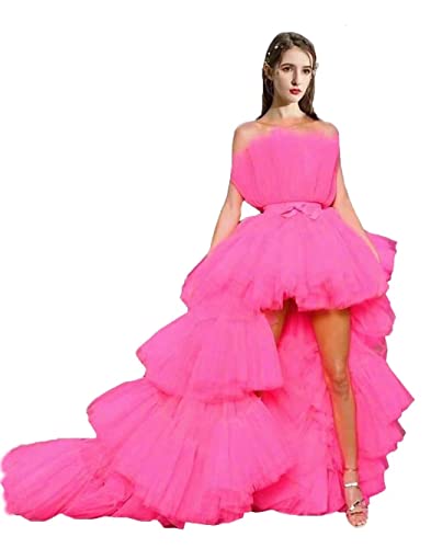 FTBY Women Tiered High Low Prom Dress Bow Sash Tulle Homecoming Pageant Dresses Hot Pink Long 6