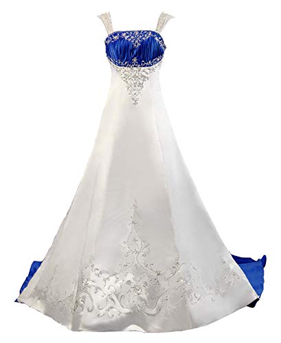 Lafkxn Women's Detachable Straps Embroidery Satin Wedding Dress Bride Gown Size 20 White Royal Blue