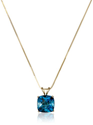 Amazon Collection 14k Yellow Gold 8mm Cushion Cut December Birthstone London Blue Topaz Solitaire Pendant Necklace for Women with 18 inch Box Chain