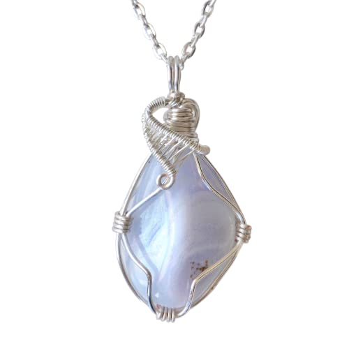 Raw Blue Lace Agate Necklace - Blue Lace Agate Pendant - Silver Necklace - 24 Inch Silver Chain - Gift for Women - Gift Box