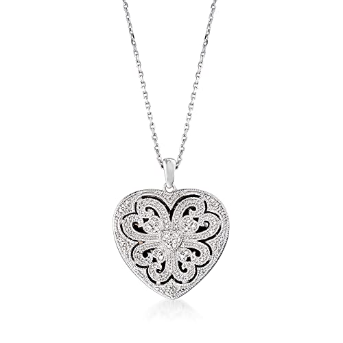 Ross-Simons Sterling Silver Scrolled Heart Locket Necklace With Diamond Accents. 16 inches