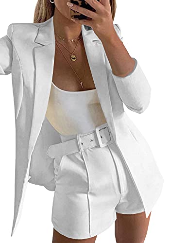 Women 2 Piece Outfits Long Sleeve Open Front Blazer with Shorts Business Work Office Suit Sets White