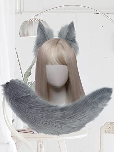 Agymo Oversize Grey Cat Fox Wolf Ears and Tail Set, Animal Furry Ears Headbands,Halloween Costume Cosplay,Toy Christmas Gifts