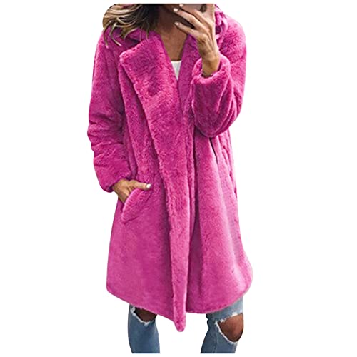 Womens Winter Coats,Women's Fuzzy Fleece Winter Warm Coat Jacket Turn Down Collar Outerwear Lapel Open Front Long Cardigan Faux Fur Outwear Coats Jacket Hot Pink