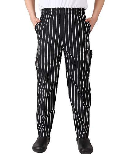 Men's Classic Multi Pocket Baggy Chef Pant Black White Stripe Cargo Style Chef Uniforms L