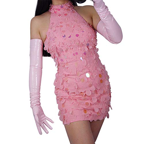 DooWay LATEX Super LONG GLOVES Pink 28-inch PU Faux Leather Patent 70cm Simulation Sexy Women Evening Party Dress Matching