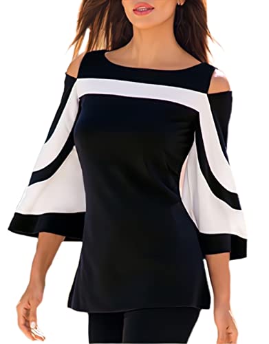 Women Blouses and Tops Black White Colorblock Bell Sleeve Cold Shoulder Top Shirt 2XL