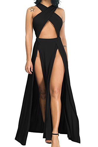 Velius Women Sexy Hollow Out Halter Wrap Sleeveless Plain Pleated Slit Casual Long Maxi Dress (X-Large, Black)