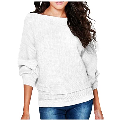 YUTANRAL Plus Size Sweaters for Women,Winter Casual Loose Warm Comfy Oversized T-Shirts Pullover Womens Fashion Batwing Long Sleeve Boat Neck Solid Knit Sweaters Sweatshirts(A White,3X-Large)