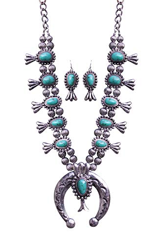 Turquoise Vintage Squash Blossom Metal Statement Necklace/w Earrings (531)